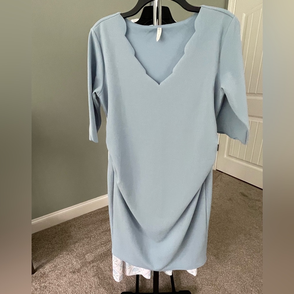Scalloped Trim Fitted Blue Maternity Dress